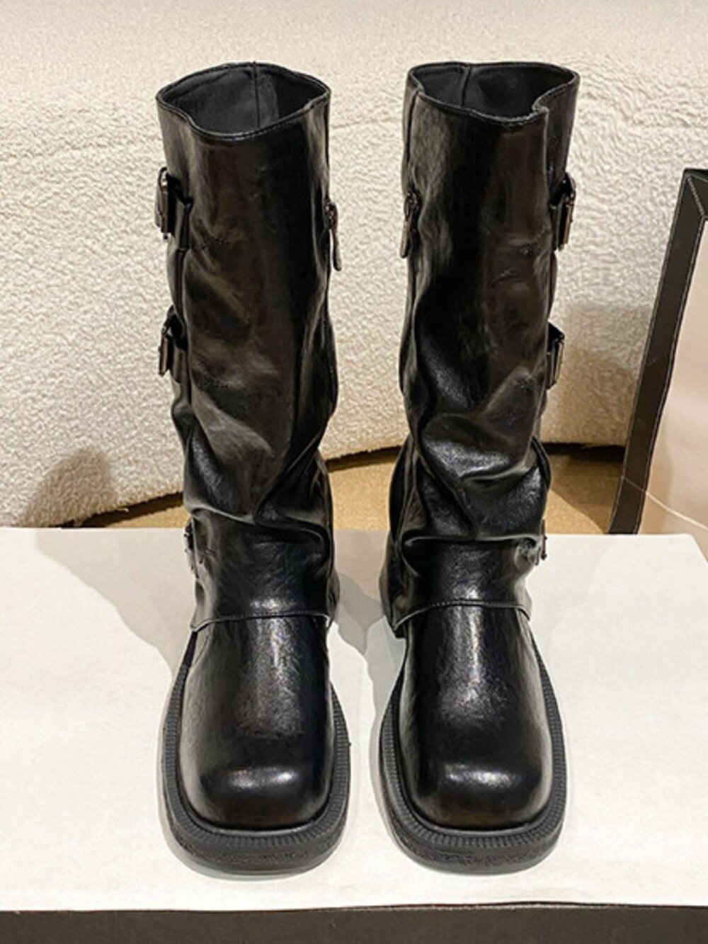 Black Slouchy Biker Ankle Boots Multi Buckle Straps Mid Calf (US-9)